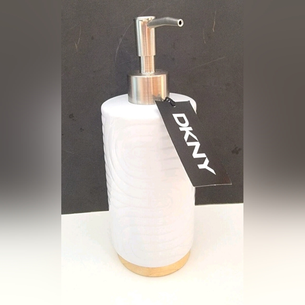 New DKNY White Swirl Ceramic Soap Dispenser w/ Polished Silver Pump